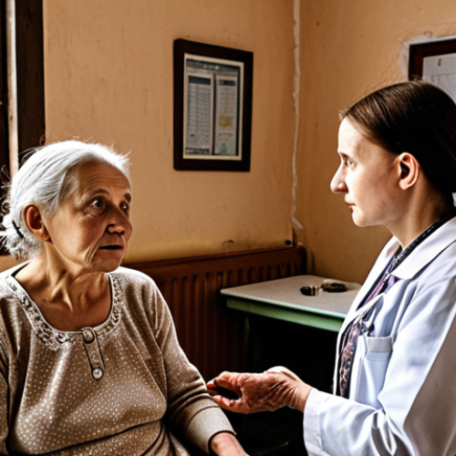 **

A Polish family doctor in a small, rural clinic, overworked and with limited resources, speaking with an elderly woman from a village. Emphasize the lack of personalized preventative care options available to her. Depict a simple, traditional clinic setting.

**