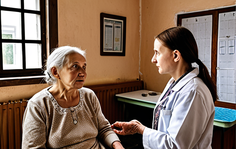**

A Polish family doctor in a small, rural clinic, overworked and with limited resources, speaking with an elderly woman from a village. Emphasize the lack of personalized preventative care options available to her. Depict a simple, traditional clinic setting.

**