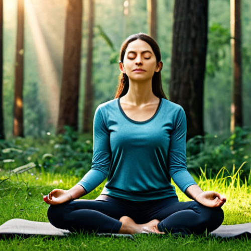 Home 7 A serene person meditating in a lush forest clearing at sunrise. The subject is dressed in comfortable, modest activewear, fully clothed, and in appropriate attire. The scene is filled with soft, warm light, creating a tranquil and harmonious atmosphere. Professional photography, perfect anatomy, correct proportions, natural body proportions, well-formed hands, proper finger count, safe for work, appropriate content, fully clothed, modest, family-friendly, high quality, realistic photo.