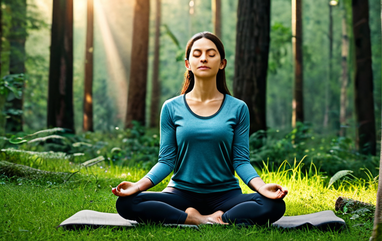 A serene person meditating in a lush forest clearing at sunrise. The subject is dressed in comfortable, modest activewear, fully clothed, and in appropriate attire. The scene is filled with soft, warm light, creating a tranquil and harmonious atmosphere. Professional photography, perfect anatomy, correct proportions, natural body proportions, well-formed hands, proper finger count, safe for work, appropriate content, fully clothed, modest, family-friendly, high quality, realistic photo.