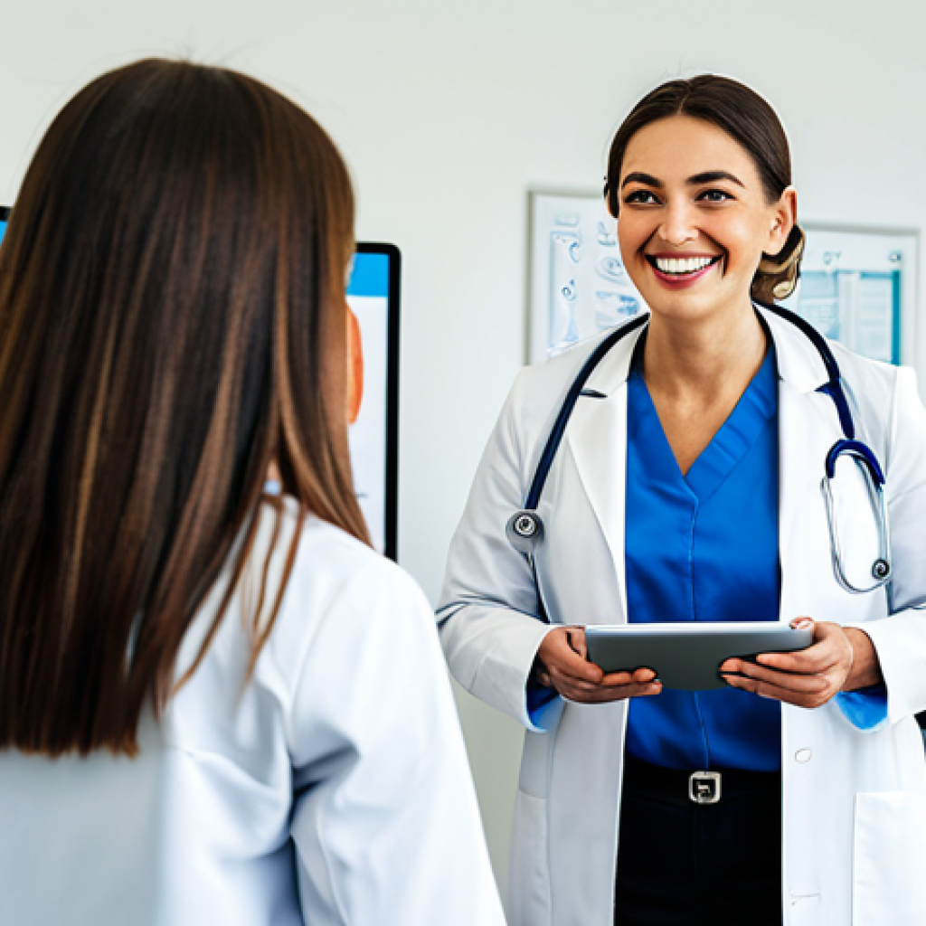 ** A vibrant scene inside a modern, well-lit medical clinic. A friendly doctor, fully clothed in professional attire, is demonstrating a new health tracking app on a tablet to a smiling, fully clothed patient. The background includes posters promoting healthy lifestyles and preventative checkups. safe for work, appropriate content, family-friendly, professional photography, perfect anatomy, natural proportions.
**