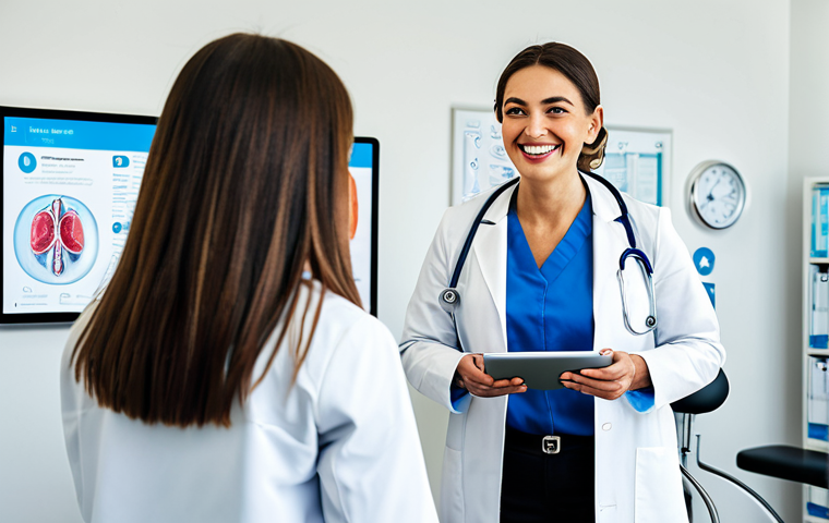 ** A vibrant scene inside a modern, well-lit medical clinic. A friendly doctor, fully clothed in professional attire, is demonstrating a new health tracking app on a tablet to a smiling, fully clothed patient. The background includes posters promoting healthy lifestyles and preventative checkups. safe for work, appropriate content, family-friendly, professional photography, perfect anatomy, natural proportions.
**