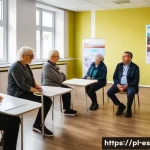 Home 21 예방 중심 헬스케어의 정책 제안 - A community health workshop in a Polish regional setting, featuring a diverse group of adults and se...