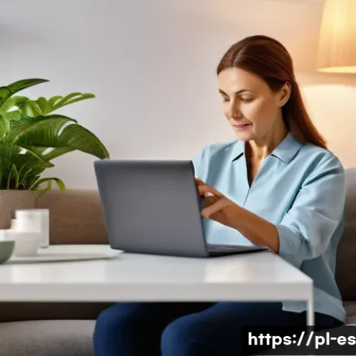 Home 32 예방 중심 헬스케어의 실행 전략 - A modern Polish family using telemedicine at home: a middle-aged woman sitting comfortably on a sofa...