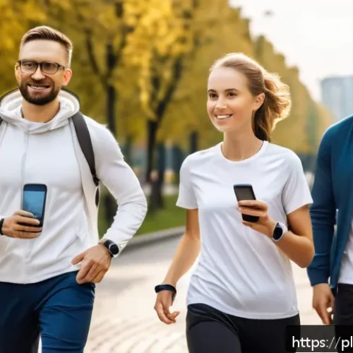 Home 30 예방 중심 헬스케어의 글로벌 동향 - A modern Polish urban scene showing diverse adults wearing smart health-monitoring wearables such as...